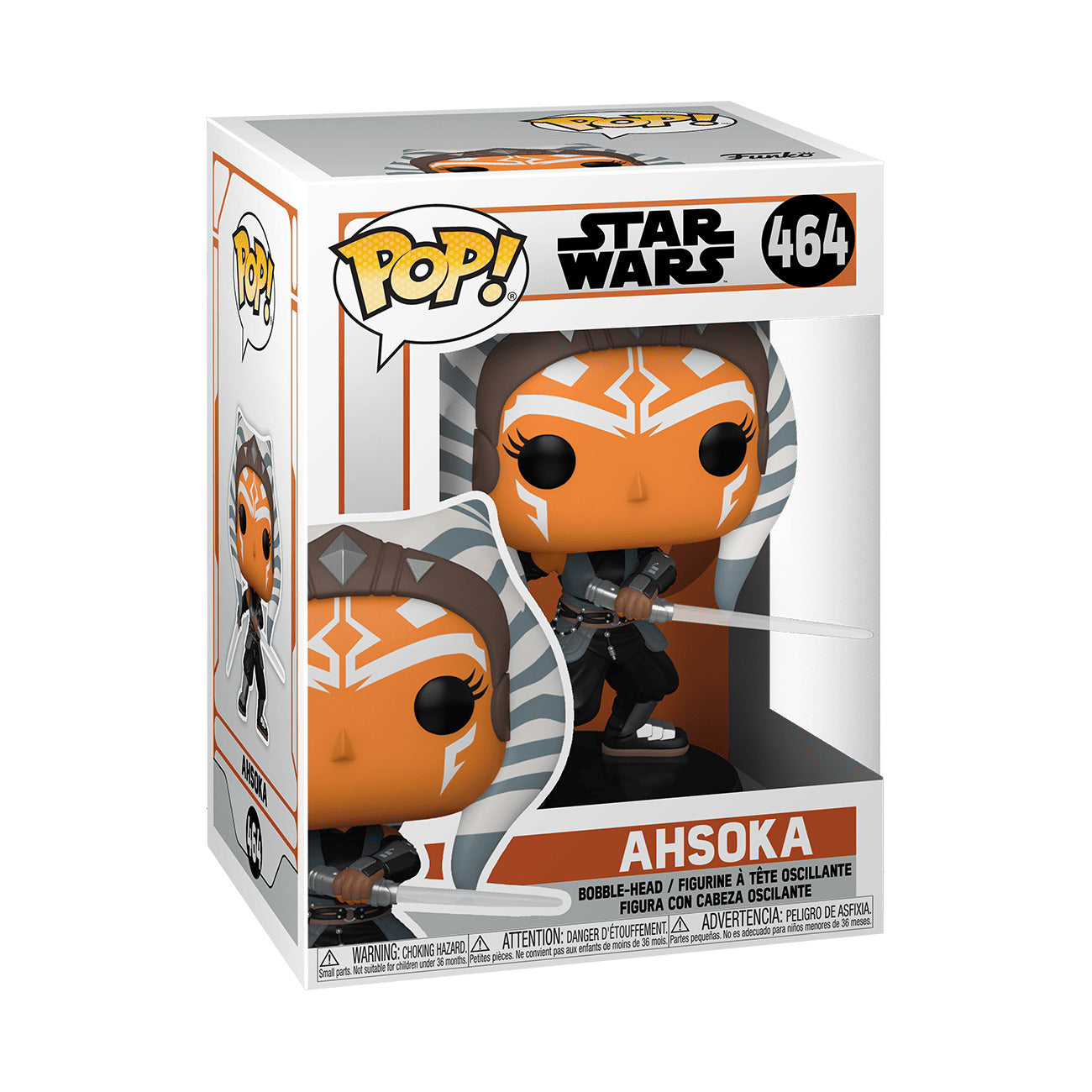 Funko Pop! figure of Ahsoka from Star Wars, featuring her signature orange skin and dual lightsabers in a box.