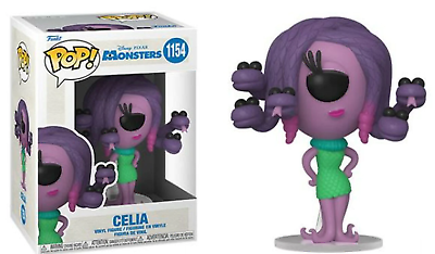 Funko Pop! figure of Celia from Monsters Inc., featuring purple skin, green dress, and snake-like hair.