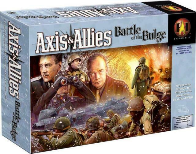 Axis and Allies: Battle of the Bulge board game box featuring military leaders and soldiers in a winter battlefield scene.