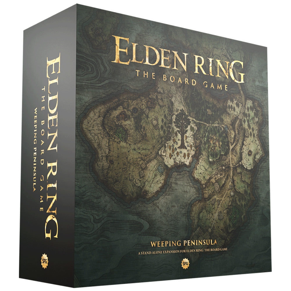 Elden Ring: Weeping Peninsula board game expansion box featuring a detailed map of the Weeping Peninsula region.