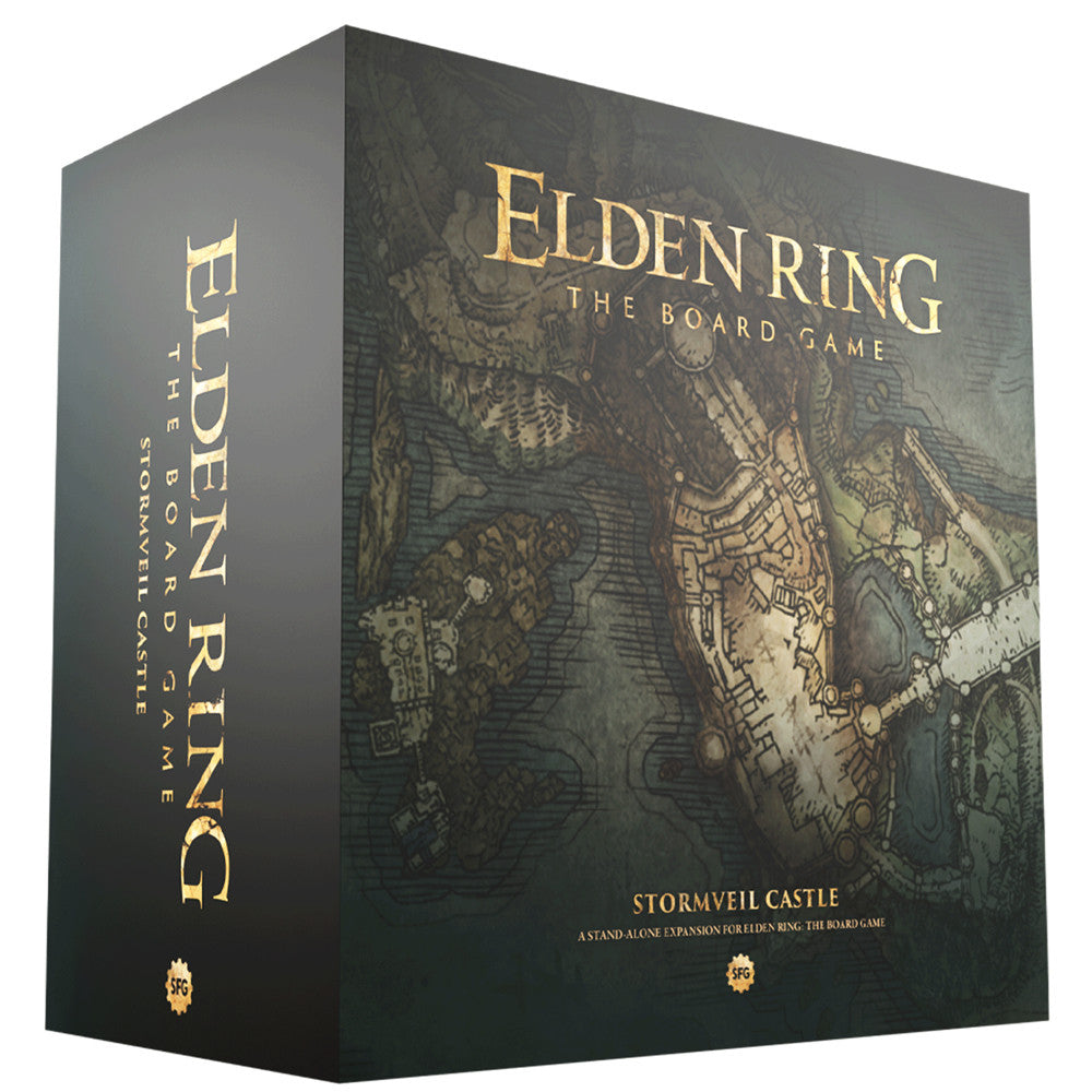 Elden Ring: Stormveil Castle board game box featuring a detailed map of the castle and surrounding area.