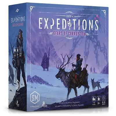 Box cover of Expeditions: Gears of Corruption Expansion featuring a snowy landscape, explorers, and mystical elements.