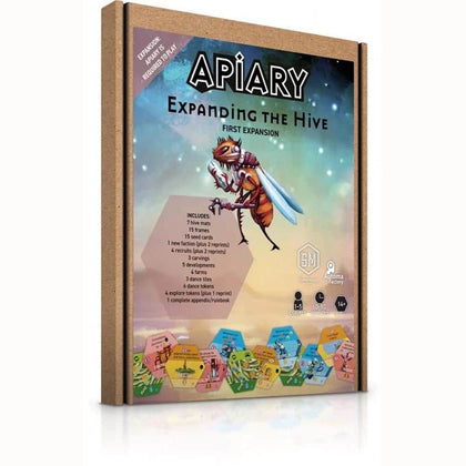 Apiary: Expanding the Hive expansion box featuring a colorful bee illustration and game components for strategy gameplay.