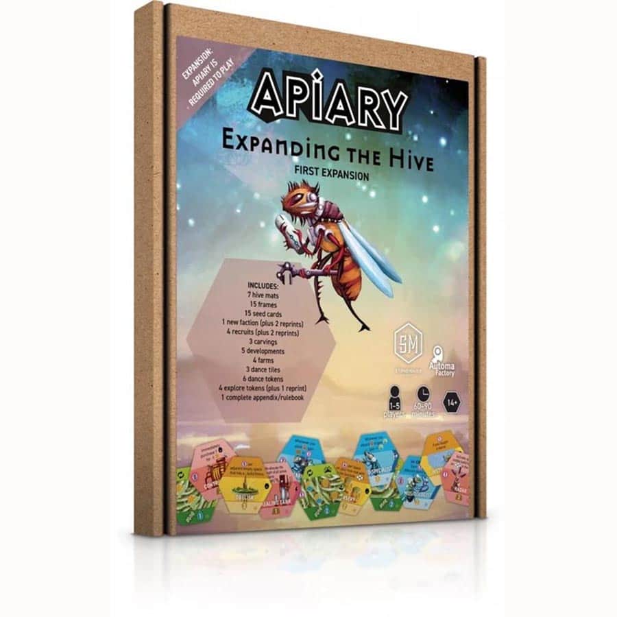 Apiary: Expanding the Hive expansion box featuring a colorful bee illustration and game components for strategy gameplay.