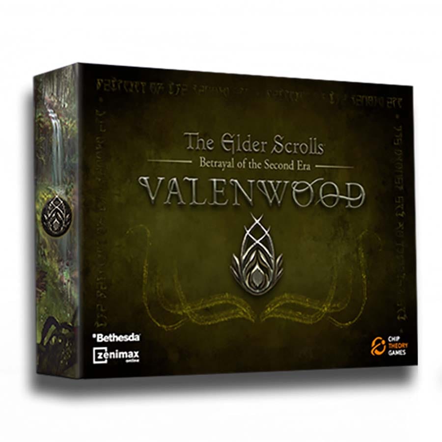 Elder Scrolls Betrayal of The Second Era Valenwood board game box featuring a dark green design and intricate logo.