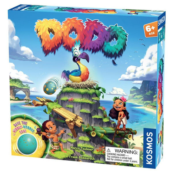 Colorful board game box for "Dodo," featuring a dodo bird, tropical scenery, and characters aiming to save an egg.