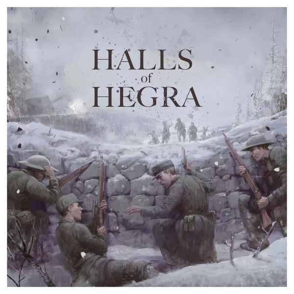 Halls of Hegra board game cover featuring soldiers in winter attire taking cover behind a stone wall.