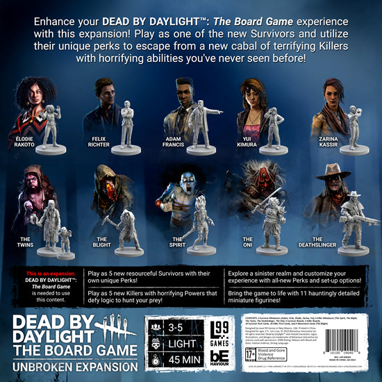 Back cover of Dead by Daylight: The Board Game - Unbroken Expansion showcasing miniatures of new Survivors and Killers.