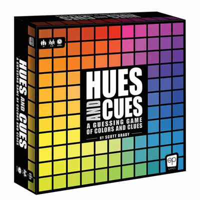 Colorful game box for Hues and Cues, featuring a grid of colors and bold text, designed for a guessing game of colors and clues.