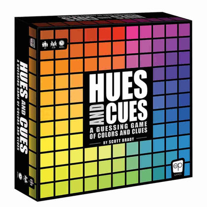 Colorful game box for Hues and Cues, featuring a grid of colors and bold text, designed for a guessing game of colors and clues.