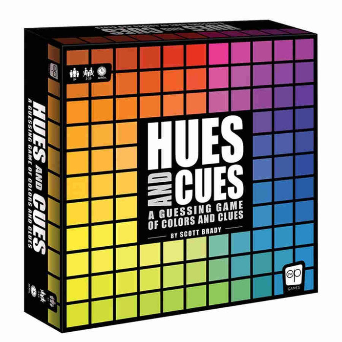 Colorful game box for Hues and Cues, featuring a grid of colors and bold text, designed for a guessing game of colors and clues.