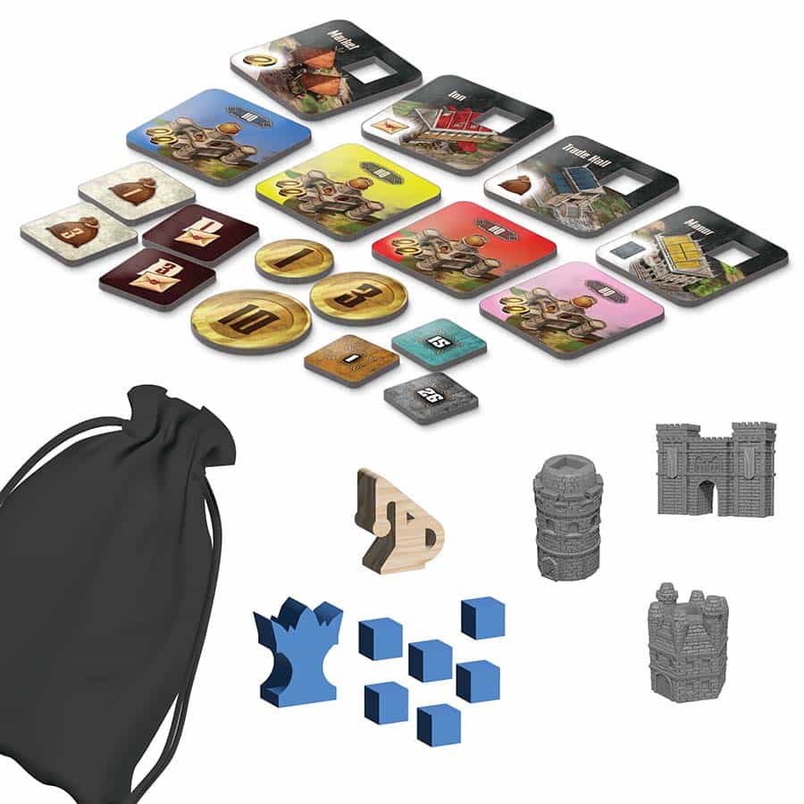 Dungeons & Dragons: Builders of Baldur's Gate game components including tokens, cards, miniatures, and a storage bag.