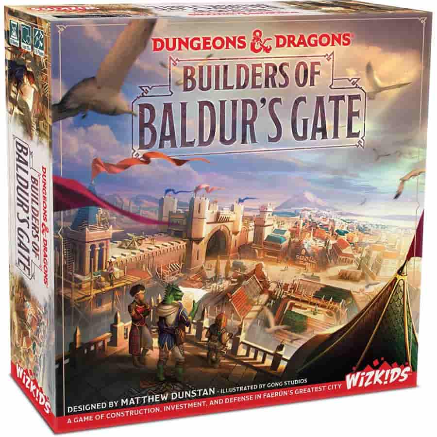 Dungeons & Dragons: Builders of Baldur's Gate board game box featuring a detailed cityscape and fantasy elements.