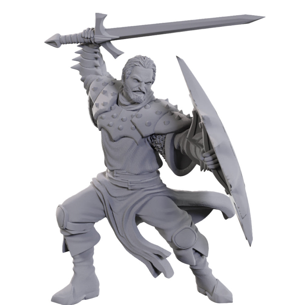 Detailed miniature of a Dragon Army Soldier from Dungeons & Dragons, wielding a sword and shield in an action pose.