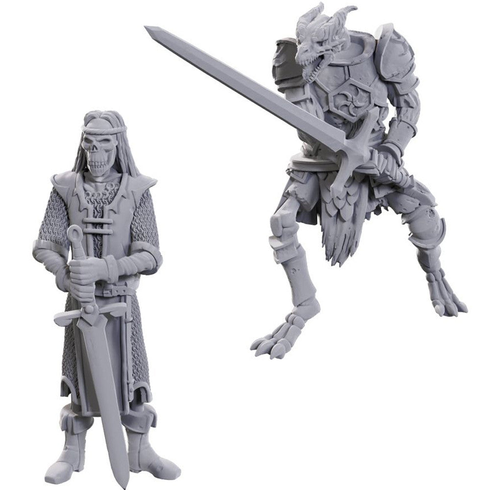 Two unpainted miniatures from Dungeons & Dragons: a Skeleton Knight with a sword and a skeletal warrior in armor.