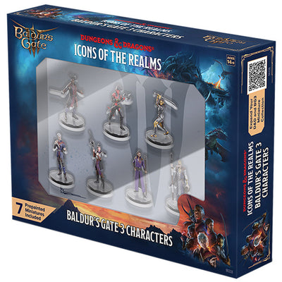 D&D Icons of the Realms Baldur's Gate 3 character boxed set featuring seven prepainted miniatures in display packaging.