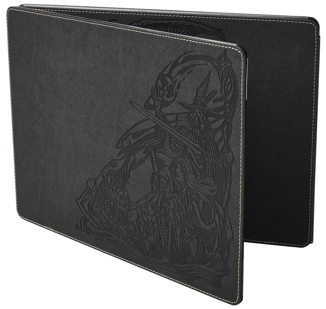 Dragon Shield Iron Grey Game Master Screen featuring a textured black exterior with intricate fantasy artwork.