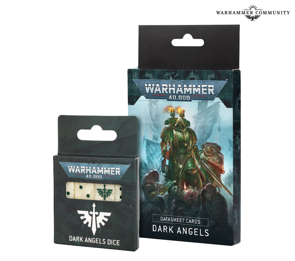 Collection of Warhammer 40,000: Dark Angels Dice Set and Datasheet Cards in a gallery layout